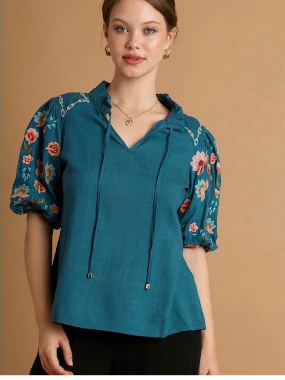 Umgee Teal Embroidered Sleeve Blouse Sz L - Picture 12 of 12